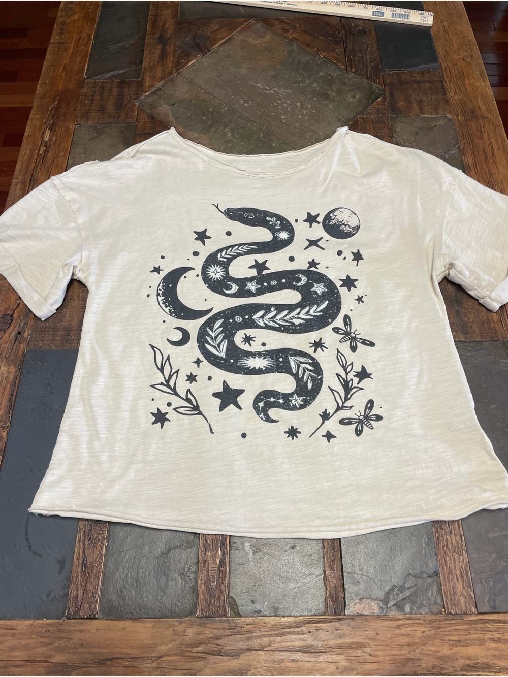 White Graphic Snake Tee with Celestial Print
